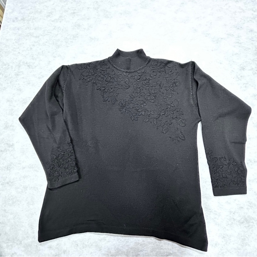 Black Turtleneck Sweater with Classic Black on Black Embroidery Knit Design Lg.